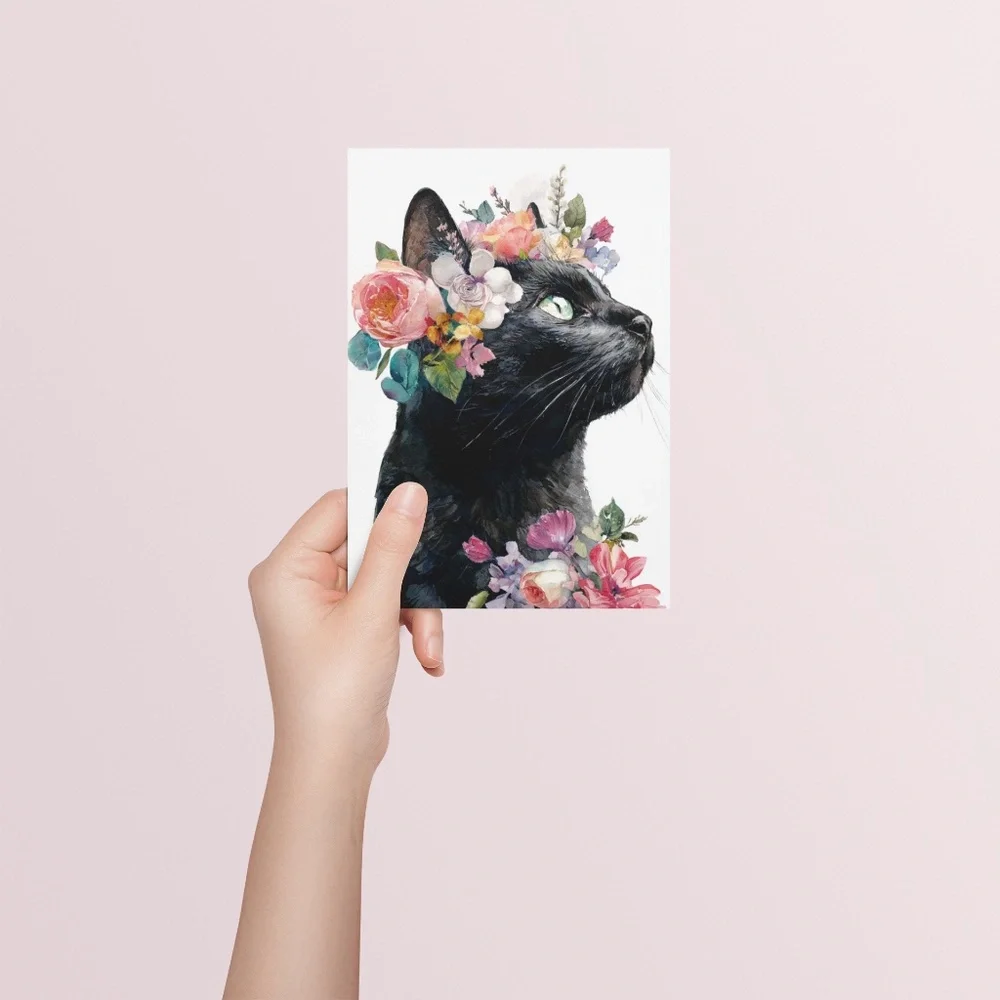 Watercolor Black Cat With Flowers Portrait Wall Art Print Unframed - Picture 4 of 6